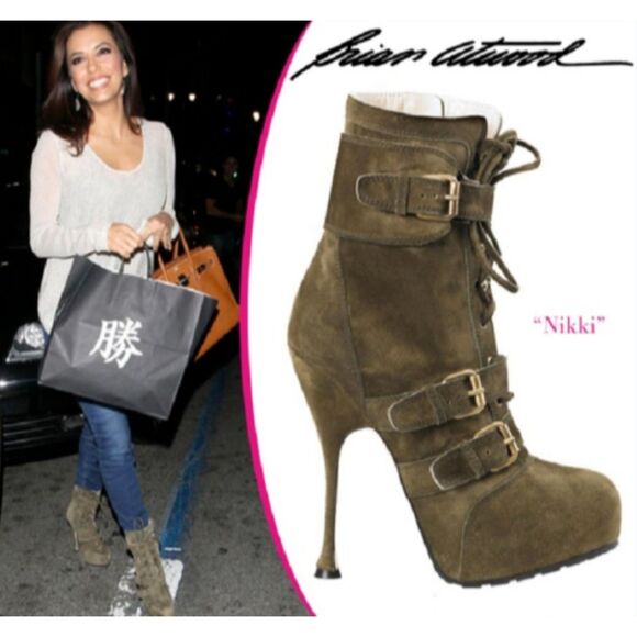 Brian Atwood All Leather Niki Platform Boots Green Military Ankle 38 - Picture 3 of 16